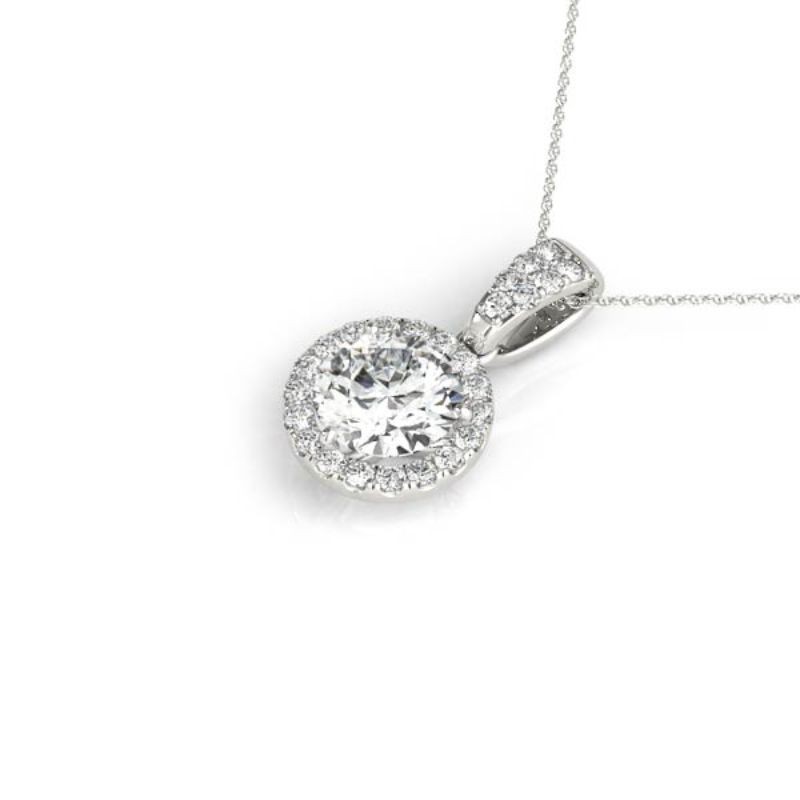 1.00ct Center Real Diamond Set In A 14k White Gold Halo Diamond Pendant With 18Gold Chain Total Weight 1.20ct