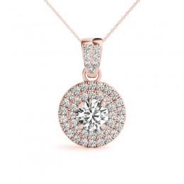 1/2ct Real Center Diamond Set In 14k Gold Dual Halo Diamond Pendant With 18" Rose Gold Chain Total Weight 3/4ct