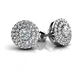 7/20ct Scintillating Round Real Diamond Center Set In A 14k White Gold Dual Halo Mounting With Eversafe Screwbacks. Total Weight 1ct