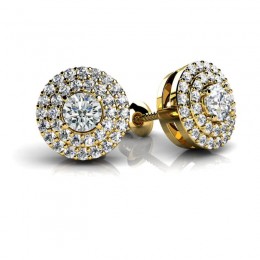 7/20ct Scintillating Round Real Diamond Center Set In A 14k Yellow Gold Dual Halo Mounting With Eversafe Screwbacks. Total Weight 1ct