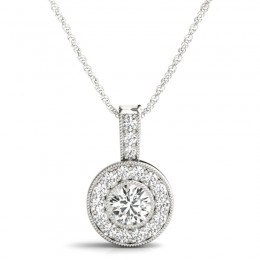 1/2ct Real Center Diamond Set In A 14k Gold Halo Diamond Pendant With 18" White Gold Chain Total Weight 1ct