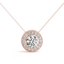 1.00ct Real Center Diamond Set In A 14k Gold Halo Diamond Pendant With 18" Rose Gold Chain Total Weight 1.16ct