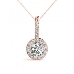 1.50ct Center Round Real Diamond Set In A 14k Gold Halo Diamond Pendant With 18" Rose Gold Chain Total Weight 2.00ct
