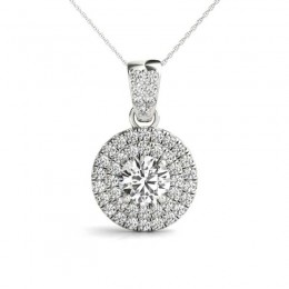 1/2ct Real Center Diamond Set In 14k Gold Dual Halo Diamond Pendant With 18" White Gold Chain Total Weight 3/4ct