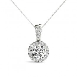3/4ct Center Real Diamond Set In A 14k White Gold Halo Diamond Pendant With 18"Gold Chain Total Weight 1.00ct