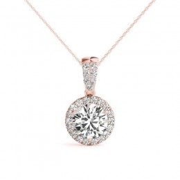 1.00ct Center Real Diamond Set In A 14k Rose Gold Halo Diamond Pendant With 18"Gold Chain Total Weight 1.20ct