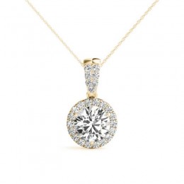 1.50ct Center Real Diamond Set In A 14k Yellow Gold Halo Diamond Pendant With 18"Gold Chain Total Weight 1.75ct