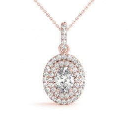 3/4ct Real Center Diamond Set In 14k Rose Gold Dual Halo Diamond Pendant With 18" Rose Gold Chain Total Weight 1.00ct