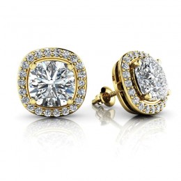 1.00ct Glamorous Cushion Cut Real Diamond Set In A 14k Yellow Gold Halo Mounting With Eversafe Screwbacks